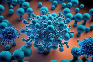 Close-up atoms virus cells blue color background. Chemical molecular structure. photo