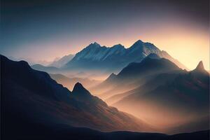 Misty mountain range in the early morning photo