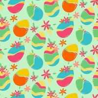 Seamless pattern with decorated Easter eggs and flowers. Bright colored eggs with flowers and leaves. Flat vector illustration for concept design. Greeting card layout.