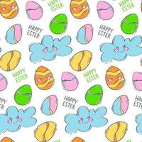 Seamless pattern with decorated Easter eggs on a cute cloud with a smile. Colored eggs for the spring holiday. Flat vector illustration for conceptual design. Greeting card layout.