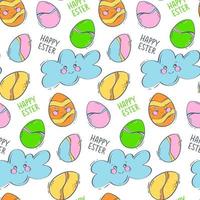 Seamless pattern with decorated Easter eggs on a cute cloud with a smile. Colored eggs for the spring holiday. Flat vector illustration for conceptual design. Greeting card layout.