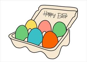 Packing with multi-colored chicken eggs for the Easter holiday. Spring holiday with decorative eggs. Vector illustration in a flat style. Illustration for a greeting card.