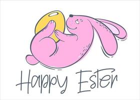 The pink easter bunny contains a yellow egg. Spring holiday with a hare and a decorated egg. Analysis illustration in flat style. Illustration for a greeting card. vector