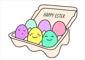 Packing with multi-colored pastel eggs for the Easter holiday. Spring holiday with decorative eggs with cute faces. Vector illustration in a flat style. Illustration for a greeting card.