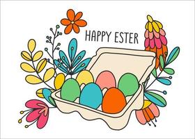 Packing with colored eggs for the Easter holiday. A box with eggs on a background of wild flowers. Spring holiday with decorative eggs with cute faces. Vector illustration in a flat style.