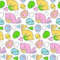 Seamless pattern with Easter bunnies and colored eggs. Spring holiday with a hare and a decorated egg. Vector illustration in flat style. Background for textiles and wrapping paper.