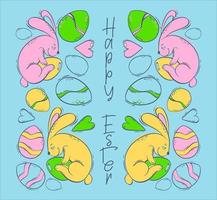 Festive symmetrical background for Easter. Illustration with rabbits and colored eggs on a blue background. Spring holiday with a hare and a decorated egg. Vector illustration in flat style.