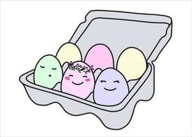 Packing with multi-colored pastel eggs for the Easter holiday. Spring holiday with decorative eggs with cute faces. Vector illustration in a flat style. Illustration for a greeting card.