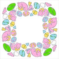 Decorative frame with Easter bunnies and colored eggs on. Spring holiday with a hare and a decorated egg. Vector illustration in flat style. Festive design template.