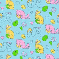 Seamless pattern with Easter bunnies and colored eggs on a blue background. Spring holiday with a hare and a decorated egg. Vector illustration in flat style.