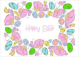 Decorative frame with Easter bunnies and colored eggs on. Spring holiday with a hare and a decorated egg. Vector illustration in flat style. Festive design template.