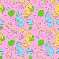 Seamless pattern with Easter bunnies and colored eggs on a pink background. Spring holiday with a hare and a decorated egg. vector