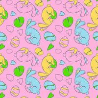 Seamless pattern with Easter bunnies and colored eggs on a pink background. Spring holiday with a hare and a decorated egg. vector