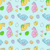 Seamless pattern with Easter bunnies and colored eggs on a blue background. Spring holiday with a hare and a decorated egg. Vector illustration in flat style.