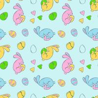 Seamless pattern with Easter bunnies and colored eggs on a blue background. Spring holiday with a hare and a decorated egg. Vector illustration in flat style.