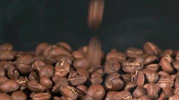 Zeitlupe von fallenden gerösteten Kaffeebohnen. Bio-Kaffeesamen. video