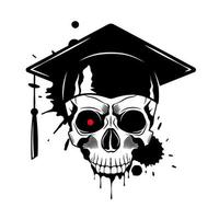 humano cráneo con graduado gorra, rojo ojo, pintar salpicaduras y gotea en blanco antecedentes. grunge vector ilustración