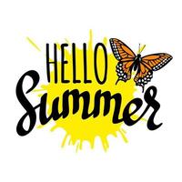 Hola verano, escrito vector letras con mariposa