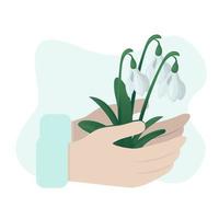 Spring concept. Flat cartoon illustration of spring coming with snowdrops vector