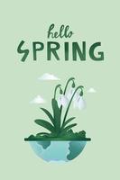 Spring concept. Flat cartoon illustration of spring coming with snowdrops vector