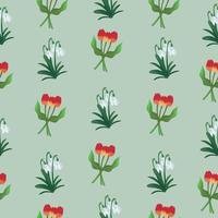 Spring concept. Flat cartoon seamless pattern with tulipas and snowdrops vector