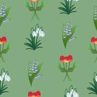 Spring concept. Flat cartoon seamless pattern with tulipas, snowdrops and bluebells vector