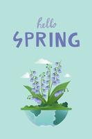 Spring concept. Flat cartoon illustration of spring coming with bluebells vector