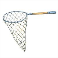 Fishing net for catching fish and butterflies, isolated on white background. Watercolor hand drawn illustration sketch. vector