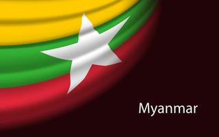 Wave flag of Myanmar on dark background. Banner or ribbon vector