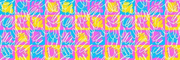 Abstract colorful graffiti seamless pattern with neon squares and scribbles. Bright graphic urban design for textiles, sportswear, prints, wrapping, cover design. Vector illustration.