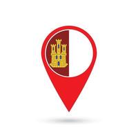 Map pointer with Castilla La Mancha flag, autonomous community of Spain. Vector illustration.