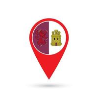 Map pointer with Caceres flag, provinces of Spain. Vector illustration.