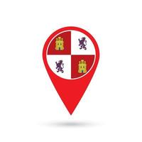 Map pointer with Castile and Leon flag, autonomous community of Spain. Vector illustration.