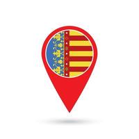 Map pointer with Valencian Community flag, autonomous community of Spain. Vector illustration.