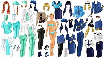 Cute Cartoon Career Paper Doll with Doctor, Policewoman and Pilot Outfits, Hairstyles and Accessories. Vector Illustration