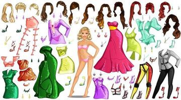 Cute Fashion Cartoon Paper Doll with Outfits, Hairstyles and Accessories. Vector Illustration