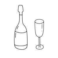 Bottle of champagne and glass in line style. Vector outline doodle sketch isolated on white.