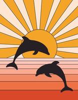 Groovy poster 70s style with sun and dolphins. Retro print. Vector illustration with sunshine and sea