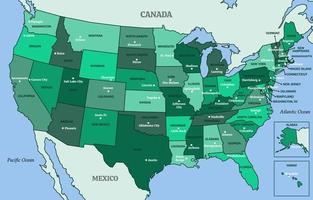 detallado mapa de unido estados de America con rodeando fronteras vector