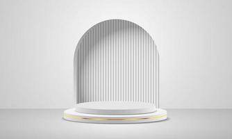 Realistic white gold 3D cylinder pedestal podium with black corrugated on window arch shape vector display