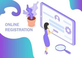 Online registration in purple colors. Registration form in internet. Use for web banner, infographics, reports. Isometric projection. Vector illustration