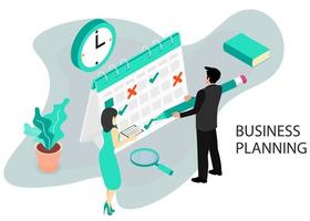 Businessman completes a calendar. Business Planning. Isometric projection. Modern style in green color. Vector illustration