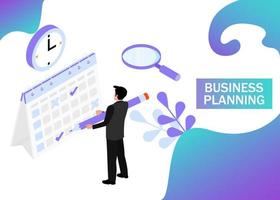 Businessman completes a calendar. Business Planning. Isometric projection. Modern style in violet color. Vector illustration