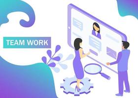 Teamwork concept in violet colors. Use for web banner, infographics, strategies. Isometric projection. Vector illustration