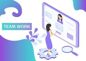 Teamwork concept in violet colors. Use for web banner, infographics, strategies. Isometric projection. Vector illustration