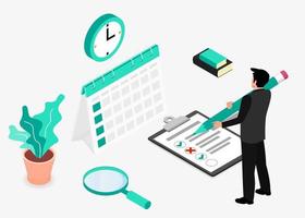 Businessman completes a checklist. Business Planning. Isometric projection. Modern style in green color. Vector illustration