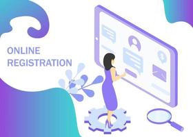 Online registration in purple colors. Registration form in internet. Use for web banner, infographics, reports. Isometric projection. Vector illustration