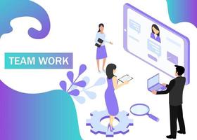 Teamwork concept in violet colors. Use for web banner, infographics, strategies. Isometric projection. Vector illustration