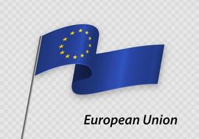 Waving flag of European Union on flagpole. Template for independence day vector