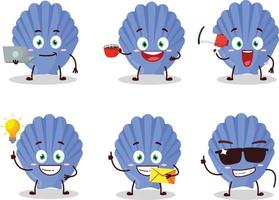 Blue shell cartoon character with various types of business emoticons vector